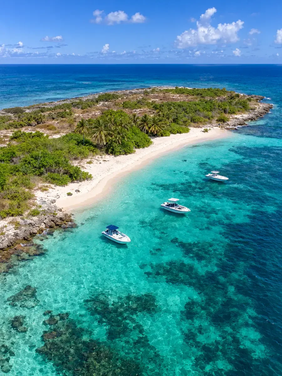 Luftaufnahme einer flachen, weißsandigen Insel mit türkisfarbenen Flachgewässern und Booten vor dem Strand